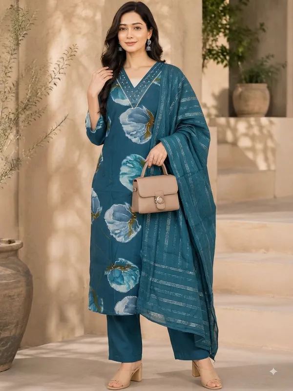 Premium_Blue_Floral_Kurta_with_Pants_and_Dupatta_|_V-Neck_Embroidered_Kurti_Set
