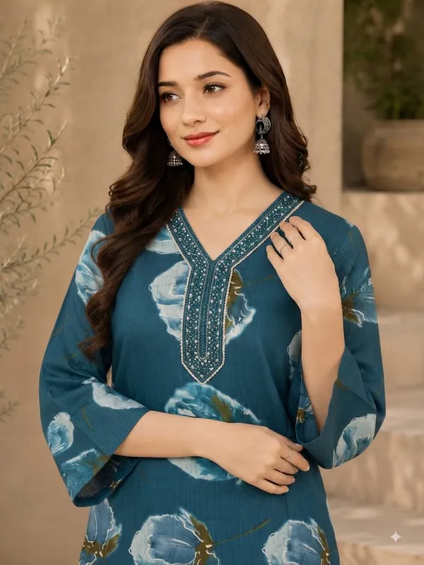 Premium_Blue_Floral_Kurta_with_Pants_and_Dupatta_|_V-Neck_Embroidered_Kurti_Set