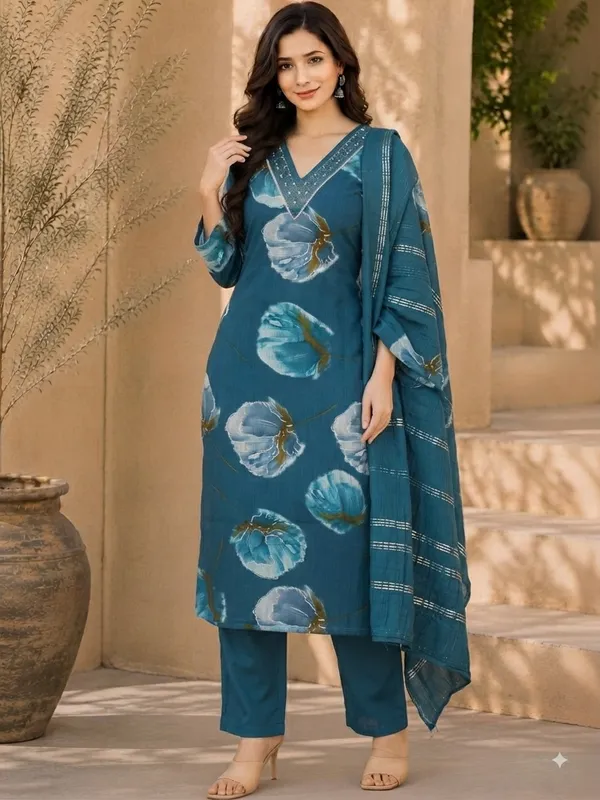 Premium_Blue_Floral_Kurta_with_Pants_and_Dupatta_|_V-Neck_Embroidered_Kurti_Set