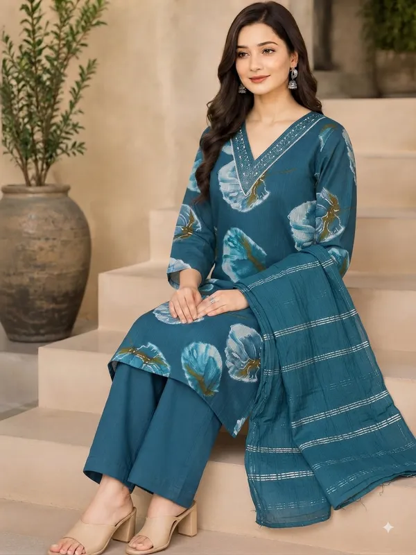 Premium_Blue_Floral_Kurta_with_Pants_and_Dupatta_|_V-Neck_Embroidered_Kurti_Set
