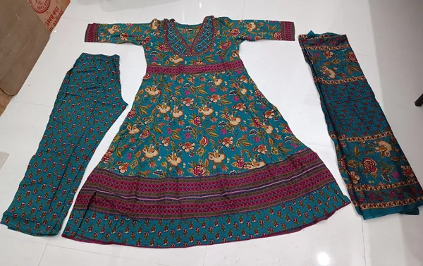 Teal_Printed_Flared_Kurta_Set_for_Women