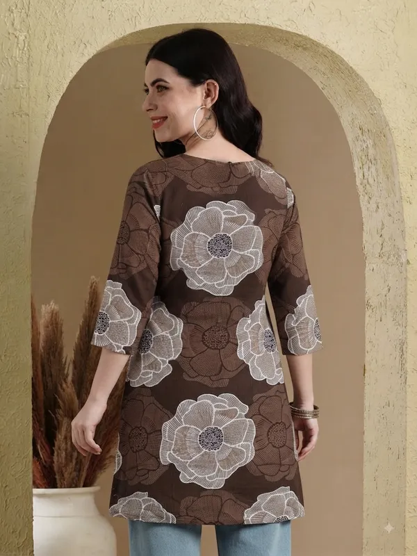 Women's_Brown_Cotton_Floral_Printed_Short_Kurti_|_Casual_&_Office_Wear_Tunic_Top_with_3/4_Sleeves_&_Tie-Up_Neck