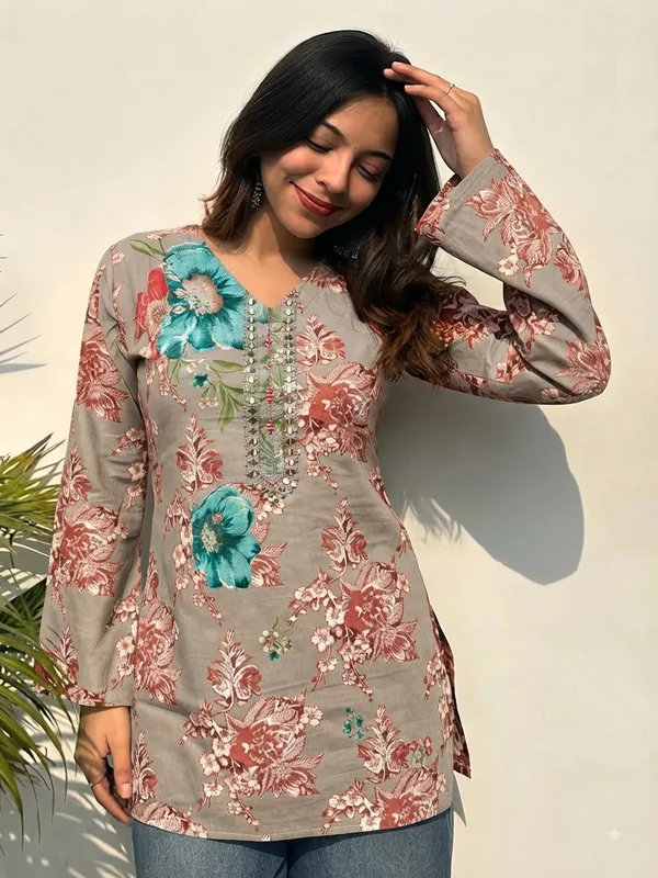 Grey_Cotton_Straight_Floral_Print_Kurti_For_Women