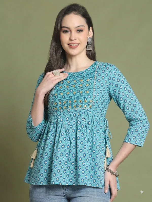 Blue_Rayon_Flared_Geometric_Print_Dress_For_Girls