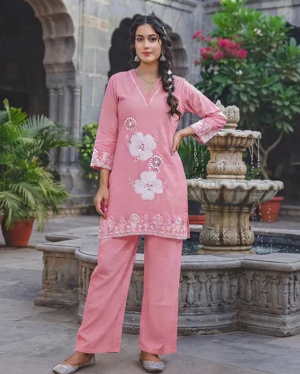 Women_Pink_Pure_Cotton_Solid_Straight_Kurta_with_Payjama_&_Detailed_Floral_Embroidery_Set