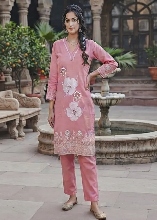 Women_Pink_Pure_Cotton_Solid_Straight_Kurta_with_Payjama_&_Detailed_Floral_Embroidery_Set