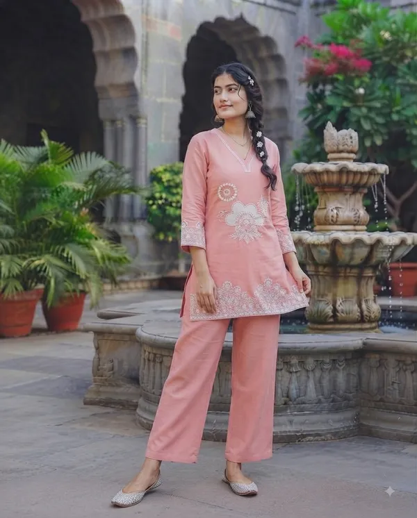 Women_Pink_Pure_Cotton_Solid_Straight_Kurta_with_Payjama_&_Detailed_Floral_Embroidery_Set