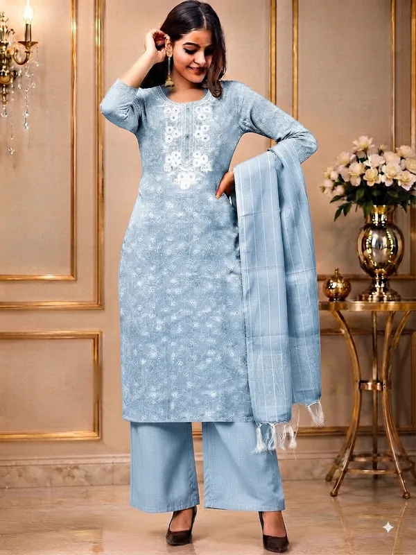 Women's_Embroidered_Light_Blue_Cotton_Stitched_Office_Kurta_Pajama_and_Dupatta_Set