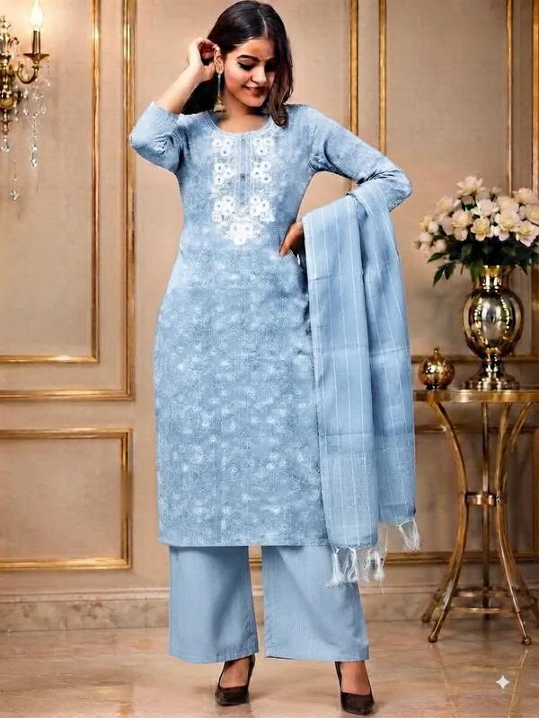 Women's_Embroidered_Light_Blue_Cotton_Stitched_Office_Kurta_Pajama_and_Dupatta_Set