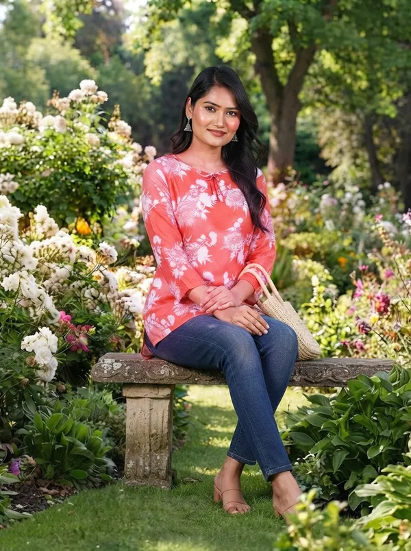 Women's_Red_Floral_Printed_Cotton_Short_Kurta_|_Casual_Office_Wear_Tunic_Top_with_3/4_Sleeves_&_Tie-Up_Neck