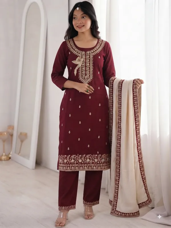 Maroon_Vichitra_Silk_Embroidered_Straight_Kurta_with_Pant_and_Dupatta_Set