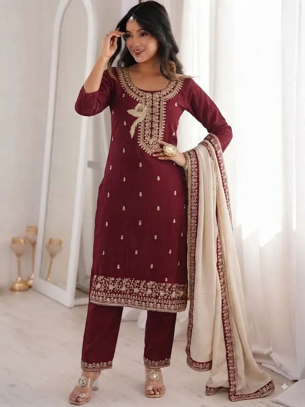 Maroon_Vichitra_Silk_Embroidered_Straight_Kurta_with_Pant_and_Dupatta_Set