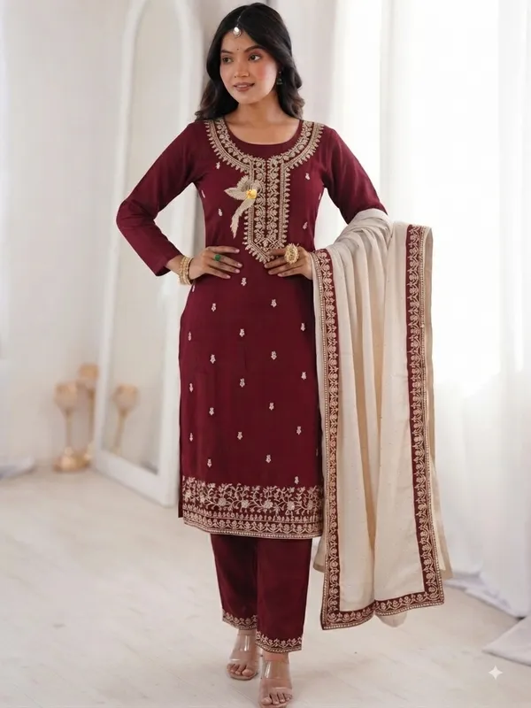 Maroon_Vichitra_Silk_Embroidered_Straight_Kurta_with_Pant_and_Dupatta_Set