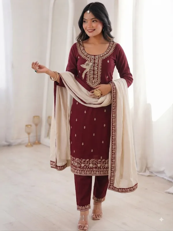 Maroon_Vichitra_Silk_Embroidered_Straight_Kurta_with_Pant_and_Dupatta_Set