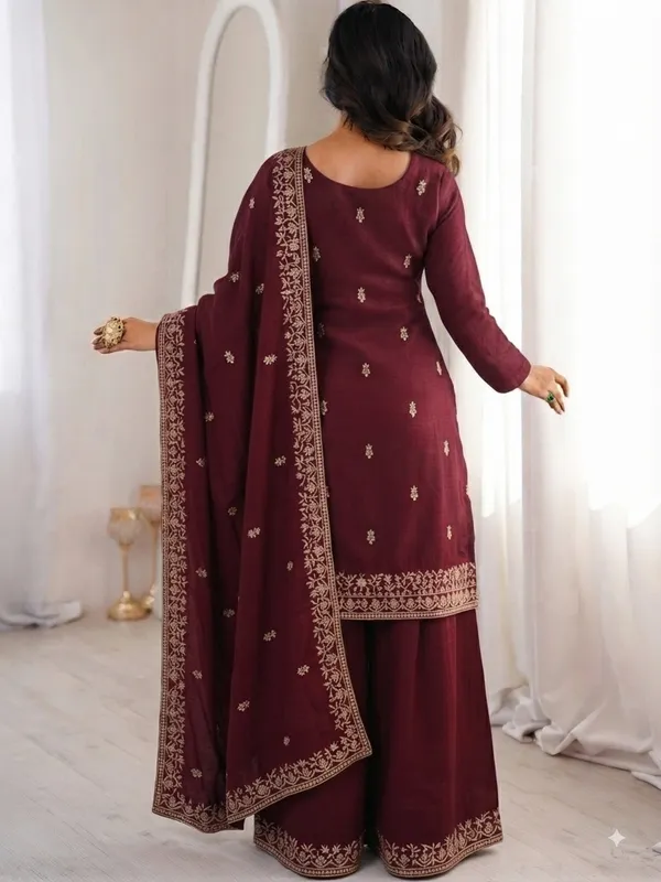 Maroon_Vichitra_Silk_Embroidered_Straight_Kurta_with_Pant_and_Dupatta_Set