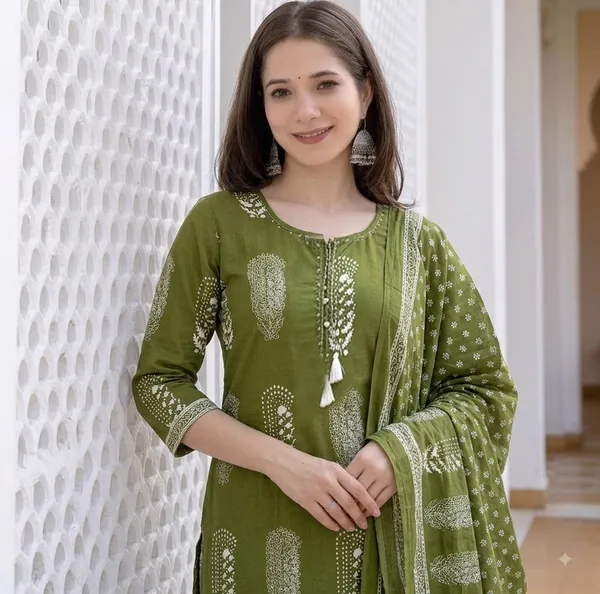Olive_Green_Cotton_Printed_Kurti_Set_For_Women