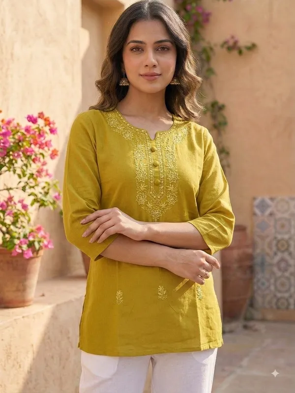 Mustard_Cotton_Straight_Embroidered_Kurta_For_Women