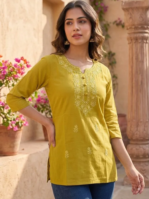 Mustard_Cotton_Straight_Embroidered_Kurta_For_Women