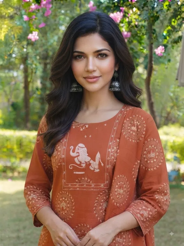 Rust_Cotton_Straight_Printed_Ethnic_Kurta_Set_For_Women