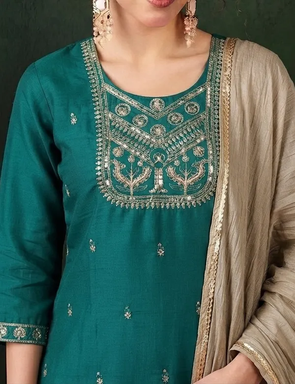 Teal_Vichitra_Straight_Embroidered_Ethnic_Kurta_Set_For_Women