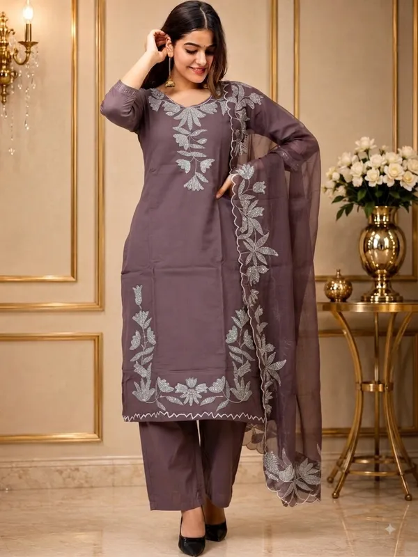 Women_Deep_Purple_Embroidered_Kurti,_Pant_&_Dupatta_Set_