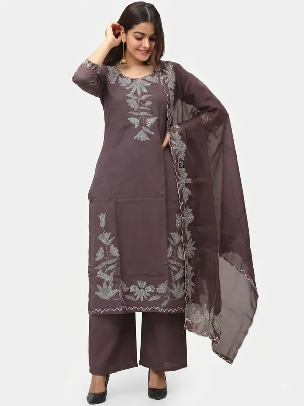 Women_Deep_Purple_Embroidered_Kurti,_Pant_&_Dupatta_Set_