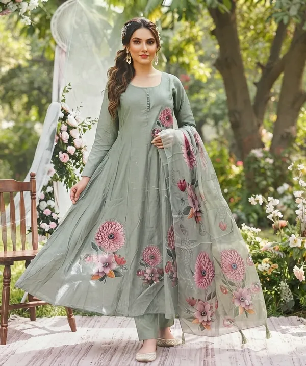Women's_Premium_Sage_Green_Silk_Blend_Kurta_Set_Featuring_3D_Floral_Print,_Matching_Trousers_&_Sheer_Dupatta_-_Festive_Wear