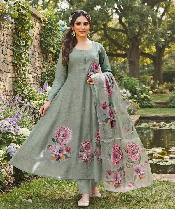 Women's_Premium_Sage_Green_Silk_Blend_Kurta_Set_Featuring_3D_Floral_Print,_Matching_Trousers_&_Sheer_Dupatta_-_Festive_Wear