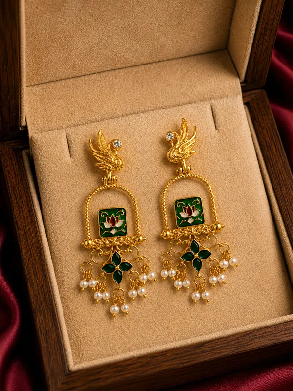 Gold_Tone_Green_Lotus_Drop_Earrings_for_Women