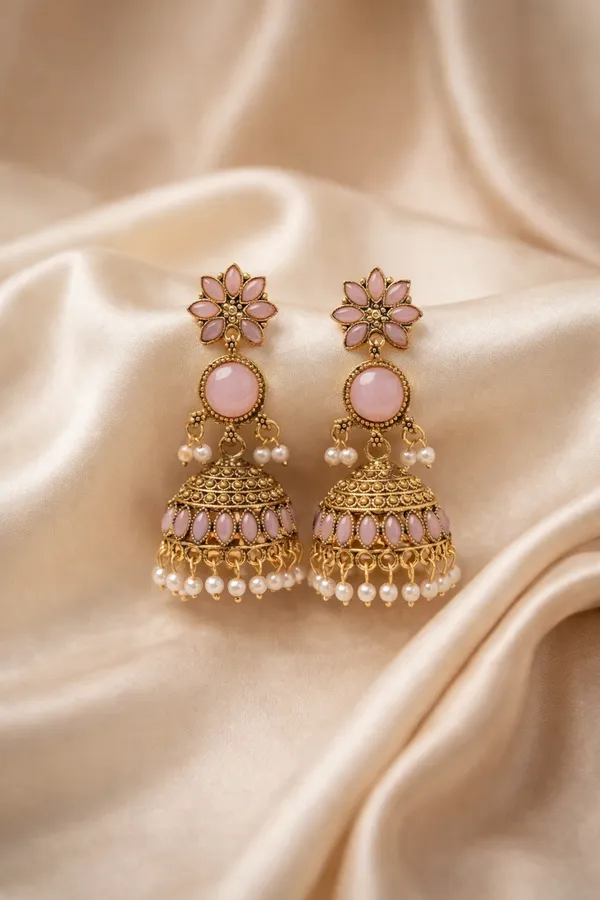 Gold_Tone_Pink_Floral_Jhumka_Earrings