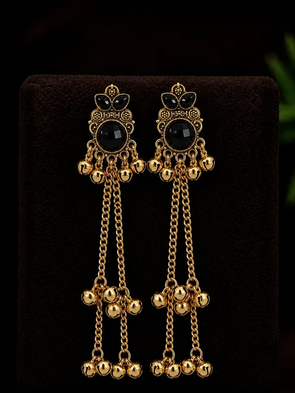Gold_Tone_Stone_And_Bell_Chain_Dangler_Earrings_for_Women