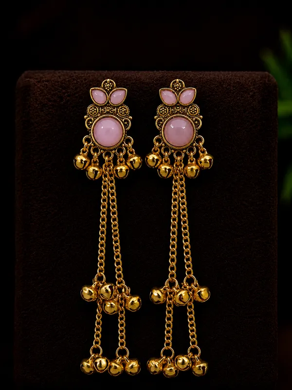 Gold_Tone_Stone_And_Bell_Chain_Dangler_Earrings_for_Women