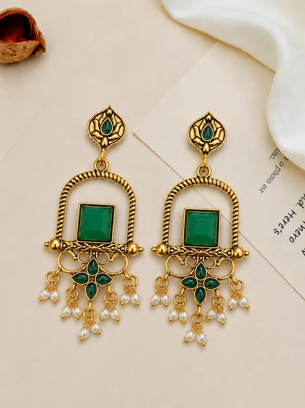 Gold_Tone_Green_Stone_Pearl_Drop_Earrings_for_Women