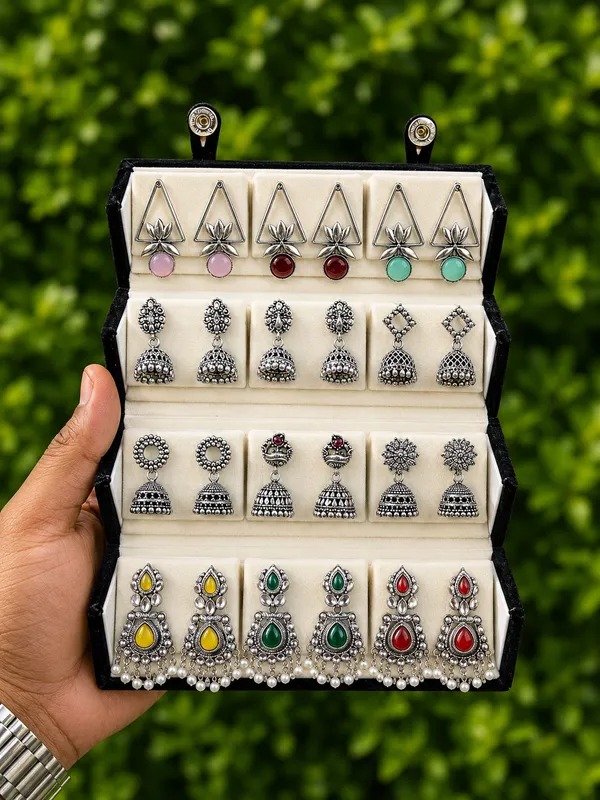 Silver_Tone_Oxidised_Jhumka_Earrings_Set_for_Women