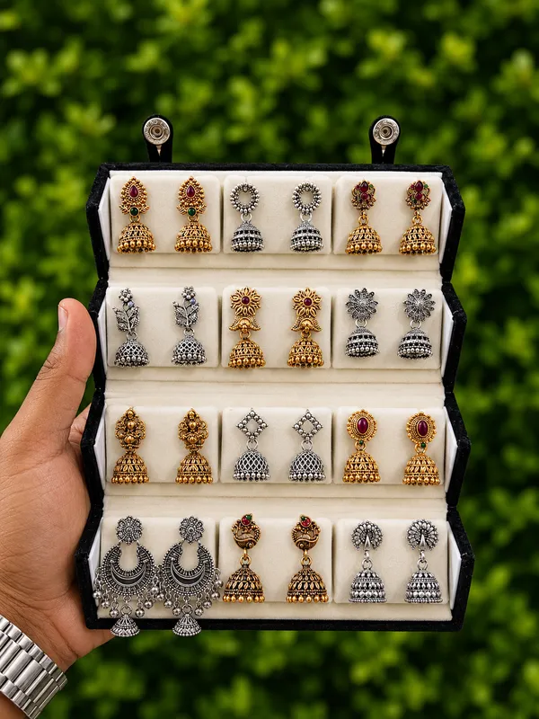 Gold_Tone_And_Silver_Tone_Jhumka_Earrings_Set_for_Women