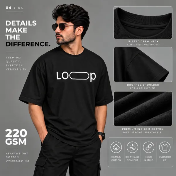 Oversize_Black_&_White_Cotton_T-_shirt_For_Men_|_Loop_(White_Colour)_|_220_GSM