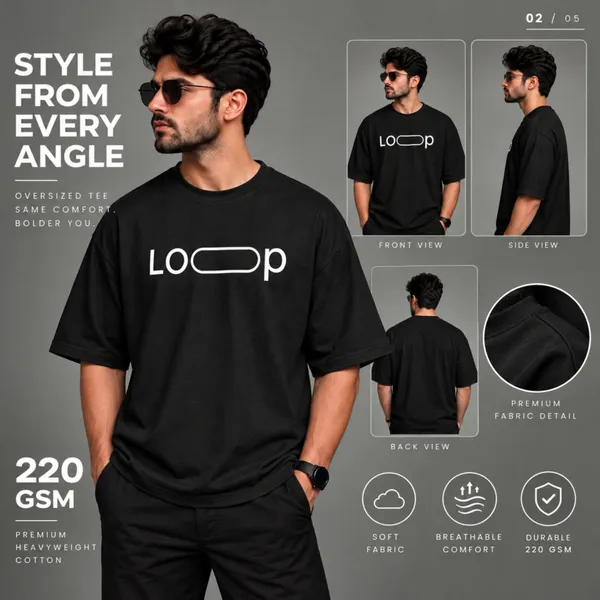 Oversize_Black_&_White_Cotton_T-_shirt_For_Men_|_Loop_(White_Colour)_|_220_GSM