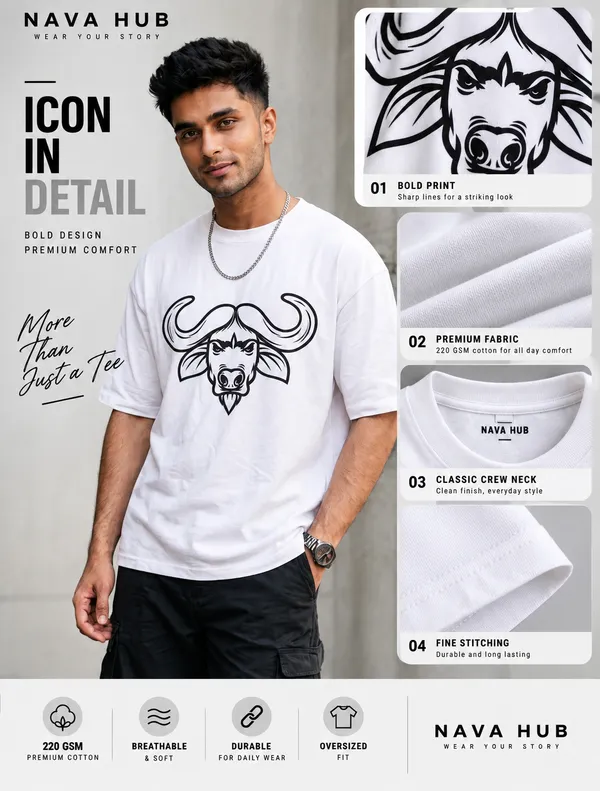Oversize_White_Cotton_T-_shirt_For_Men_|_Bull_(Black_Colour)_|_220_GSM