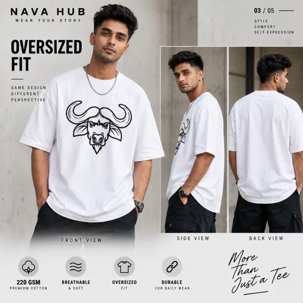 Oversize_White_Cotton_T-_shirt_For_Men_|_Bull_(Black_Colour)_|_220_GSM