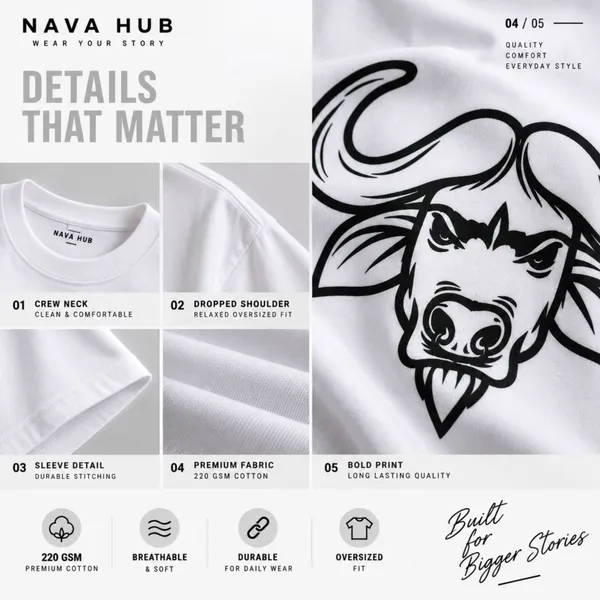 Oversize_White_Cotton_T-_shirt_For_Men_|_Bull_(Black_Colour)_|_220_GSM