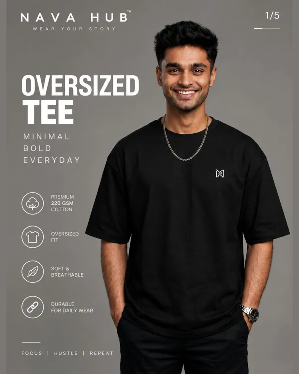 Oversize_Black_&_Mustard_Cotton_T-_shirt_For_Men_|_Focus_|_Hustle_|_Repeat_(Black_Colour)_|_220_GSM