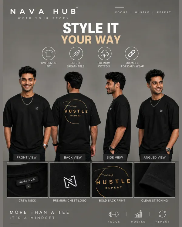 Oversize_Black_&_Mustard_Cotton_T-_shirt_For_Men_|_Focus_|_Hustle_|_Repeat_(Black_Colour)_|_220_GSM