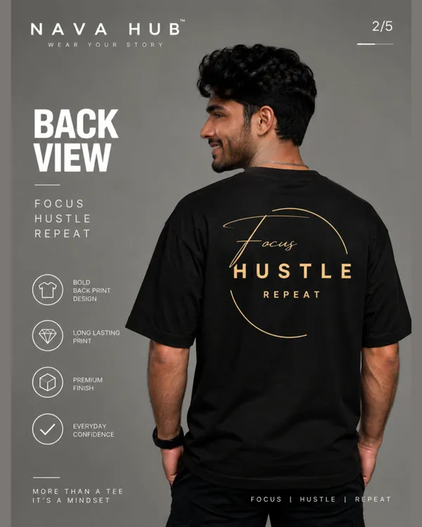 Oversize_Black_&_Mustard_Cotton_T-_shirt_For_Men_|_Focus_|_Hustle_|_Repeat_(Black_Colour)_|_220_GSM