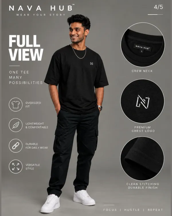 Oversize_Black_&_Mustard_Cotton_T-_shirt_For_Men_|_Focus_|_Hustle_|_Repeat_(Black_Colour)_|_220_GSM