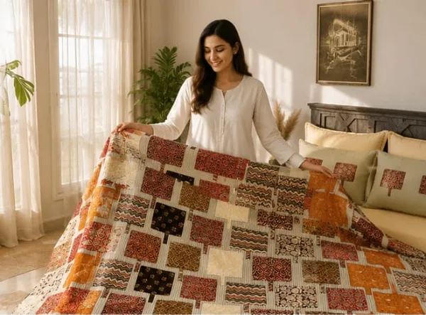 Boho_Patchwork_Double_bed_bedsheet_100%_Cotton_Brathable_fabric_Set_of_2_pillow_1_bedsheet