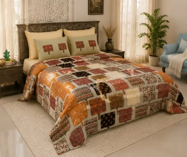 Boho_Patchwork_Double_bed_bedsheet_100%_Cotton_Brathable_fabric_Set_of_2_pillow_1_bedsheet