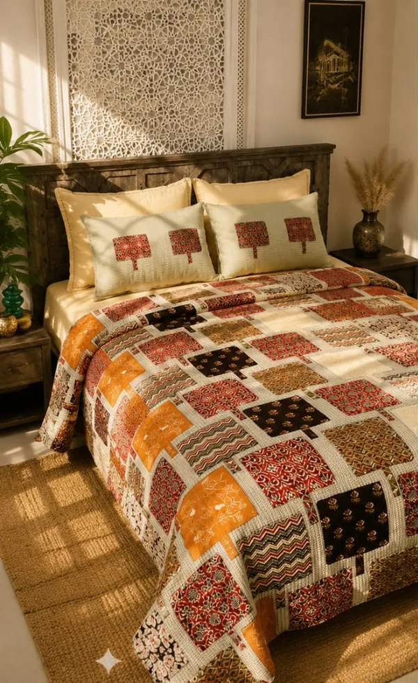 Boho_Patchwork_Double_bed_bedsheet_100%_Cotton_Brathable_fabric_Set_of_2_pillow_1_bedsheet