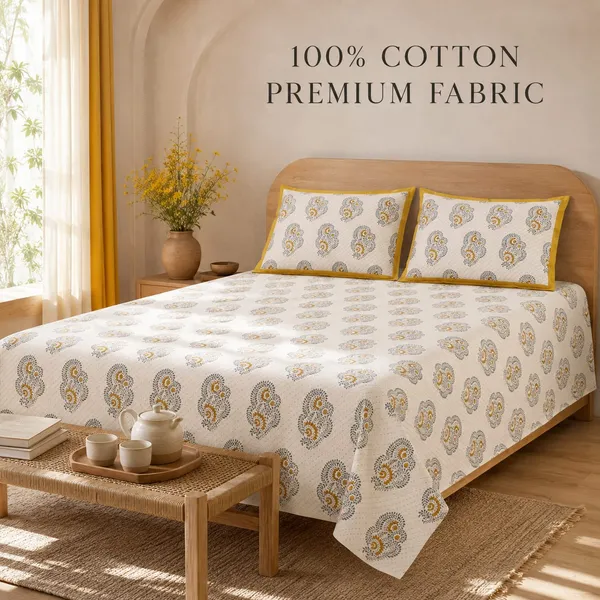 Aarunya_Mustard_Paisley_100%_Cotton_King-Size_Bedsheet_with_2_Pillow_Covers