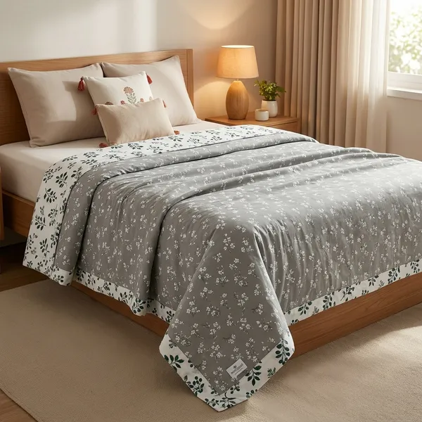 Cotton_Floral_Print_Grey_Single_Bed_Dohar