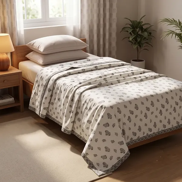 Cotton_Floral_Print_White_Grey_Single_Bed_Dohar